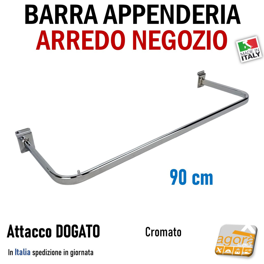 barra appenderia a sbalzo per dogato attacco dogato pannelli dogati appendi abiti negozi negozio arredpo negozio parete a doghe cromata lunghezza 90cm 95cm barre appenderie
