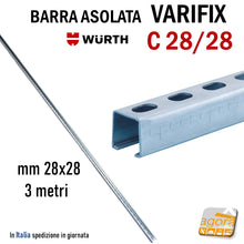 Carica l'immagine nel visualizzatore di Gallery, BARRA ASOLATA PROFILATO A C VARIFIX 28/28 WURTH IMPIANTI ELETTRICI IDRAULICI FORATA IN ACCIAIO ZINCATO mm 28x28 profilati di sostegno lunghezza 300 cm zincata bianca foro asolato regolabile lunga
