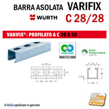 Carica l'immagine nel visualizzatore di Gallery, BARRA ASOLATA PROFILATO A C VARIFIX 28/28 WURTH IMPIANTI ELETTRICI IDRAULICI FORATA IN ACCIAIO ZINCATO mm 28x28 profilati di sostegno lunghezza 3000 mm
