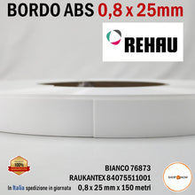 Carica l&#39;immagine nel visualizzatore di Gallery, bordo abs in rotolo senza colla per bordatrice pannelli legno nobilitati REHAU bianco premium 76873 spessore 0,8mm altezza 25mm RAUKANTEX 84075511001 150 metri 8/10 0,8x25 bordi pannello EAN 4068767527204 pronta consegna
