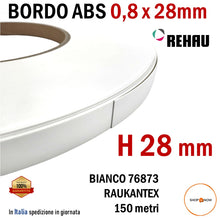 Carica l&#39;immagine nel visualizzatore di Gallery, BORDO ABS SPESSORE 0,8 MM x ALTEZZA 28 MM IN ROTOLO REHAU 76873 BIANCO IN ROTOLO bianco premium senza colla per bordatrice bordare pannelli nobilitati Altezza 28mm per pannelli 25mm per falegnami falegnameria
