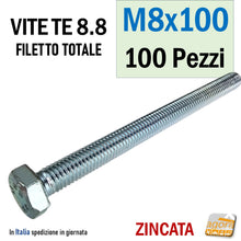 Load image into Gallery viewer, M8x100 vite TE viti testa esagonale bulloni filettati bullone metrico zincato filetto totale UNI5739 8.8 M 8 x 100 mm
