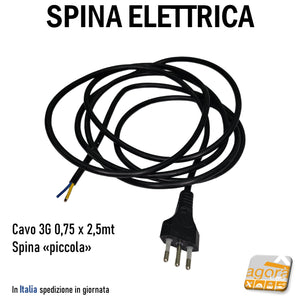Spina con cavo Cavo elettrico 3G0,75 nero completo di spina italiana tripolare 10A "piccola" lunghezza 2,5mt per collegamenti elettrici 230V