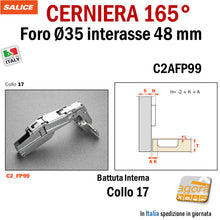 Carica l'immagine nel visualizzatore di Gallery, CERNIERA CUCINA SALICE 165° FORO 35 mm profondità 11,5mm 12mm BATTUTA INTERNA C2AFP99 int 48 / 6 PER MOBILI a molla per anta del mobile

