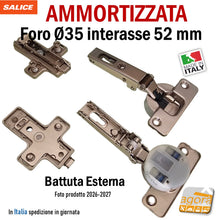Load image into Gallery viewer, cerniera x mobili per anta armadio mobile pensile cucina Salice Hafele foro 35 ammortizzata soft collo diritto battuta esterna interasse 52mm rapida
