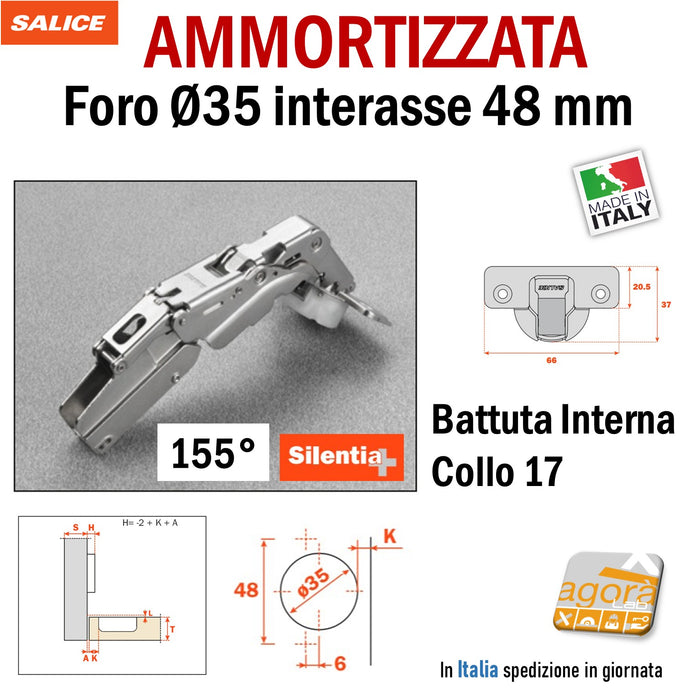 cerniera ante mobili cucina salice apertura 155° ammortizzata soft battuta interna collo 17 C2AKPE9