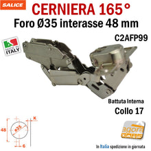Carica l'immagine nel visualizzatore di Gallery, cerniera a molla per apertura ante a 180° per mobili cucina e armadi foro diametro 35 mm per 12mm profondità salice 165° battuta interna collo 17 C2AFP99 ante spesse
