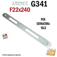 Carica l&#39;immagine nel visualizzatore di Gallery, CONTROPIASTRA INCONTRO RISCONTRO GACCIA SERRATURA PORTA YALE BONAITI FRONTALE TONDO 240X22MM F22 PER SERRATURE CILINDRO YALE FORO LINGUETTA 10MM
