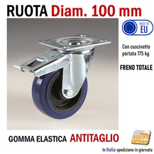 Carica l&#39;immagine nel visualizzatore di Gallery, Ruota per carrello ruote x carrelli con piastra mm 100x80 fori interasse 80x60mm girevole con freno totale senza freno in gomma blu super elastica silenziosa antitraccia antimacchia cuscinetti a sfere alta portata professionale made in EU Italy serie KR Diametro 100mm 
