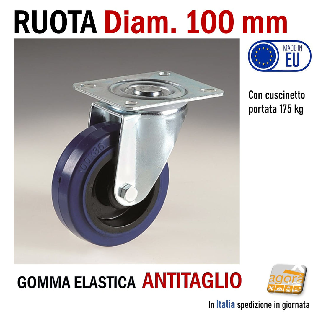 Ruota per carrello ruote x carrelli con piastra mm 100x80 fori interasse 80x60mm girevole senza freno in gomma blu super elastica silenziosa antitraccia antimacchia cuscinetti a sfere alta portata professionale made in EU Italy serie KR Diametro 100mm 