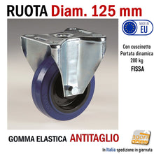 Load image into Gallery viewer, ruota x carrelli ruota per carrello in gomma elastica blu alta portata antitraccia antimacchia antitaglio diametro 125mm piastra grande 120x85 117x85mm fori interasse 80x60mm alta portata pesante fissa cuscinetti a sfera e rulli
