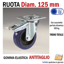 Load image into Gallery viewer, ruota x carrelli ruota per carrello in gomma elastica blu alta portata antitraccia antimacchia antitaglio diametro 125mm piastra grande 120x85 117x85mm fori interasse 80x60mm alta portata pesante con freno girevole cuscinetti a sfera e rulli
