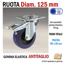 Carica l&#39;immagine nel visualizzatore di Gallery, RUOTA Diametro 125 MM 12,5cm IN GOMMA ELASTICA BLU ANTITAGLIO PIASTRA ACCIAIO ZINCATA/CROMATA 100x80mm interasse fori fissaggio 80x60mm Ruote carrelli alta qualità robuste CON FRENO
