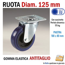 Carica l&#39;immagine nel visualizzatore di Gallery, RUOTA Diametro 125 MM 12,5cm IN GOMMA ELASTICA BLU ANTITAGLIO PIASTRA ACCIAIO ZINCATA/CROMATA 100x80mm interasse fori fissaggio 80x60mm Ruote carrelli alta qualità robuste  SENZA FRENO
