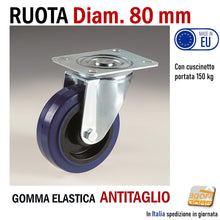 Carica l&#39;immagine nel visualizzatore di Gallery, Ruota per carrello ruote x carrelli con piastra mm 100x80 fori interasse 80x60mm girevole senza freno in gomma blu super elastica silenziosa antitraccia antimacchia cuscinetti a sfere alta portata professionale made in EU Italy serie KR Diametro 80mm 
