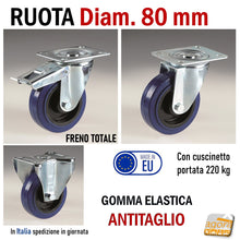 Carica l&#39;immagine nel visualizzatore di Gallery, Ruota per carrello ruote x carrelli con piastra mm 100x80 fori interasse 80x60mm girevole fissa con freno totale senza freno in gomma blu super elastica silenziosa antitraccia antimacchia cuscinetti a sfere alta portata professionale made in EU Italy serie KR Diametro 80mm Ø8cm
