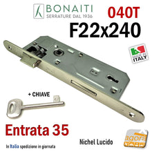 Load image into Gallery viewer, SERRATURA PER PORTA INTERNA PATENT FRONTALE 22x240mm BONAITI 040T E35 I90 NICHEL LUCIDO +CHIAVE ENTRATA 35MM F 240 X 22 MM
