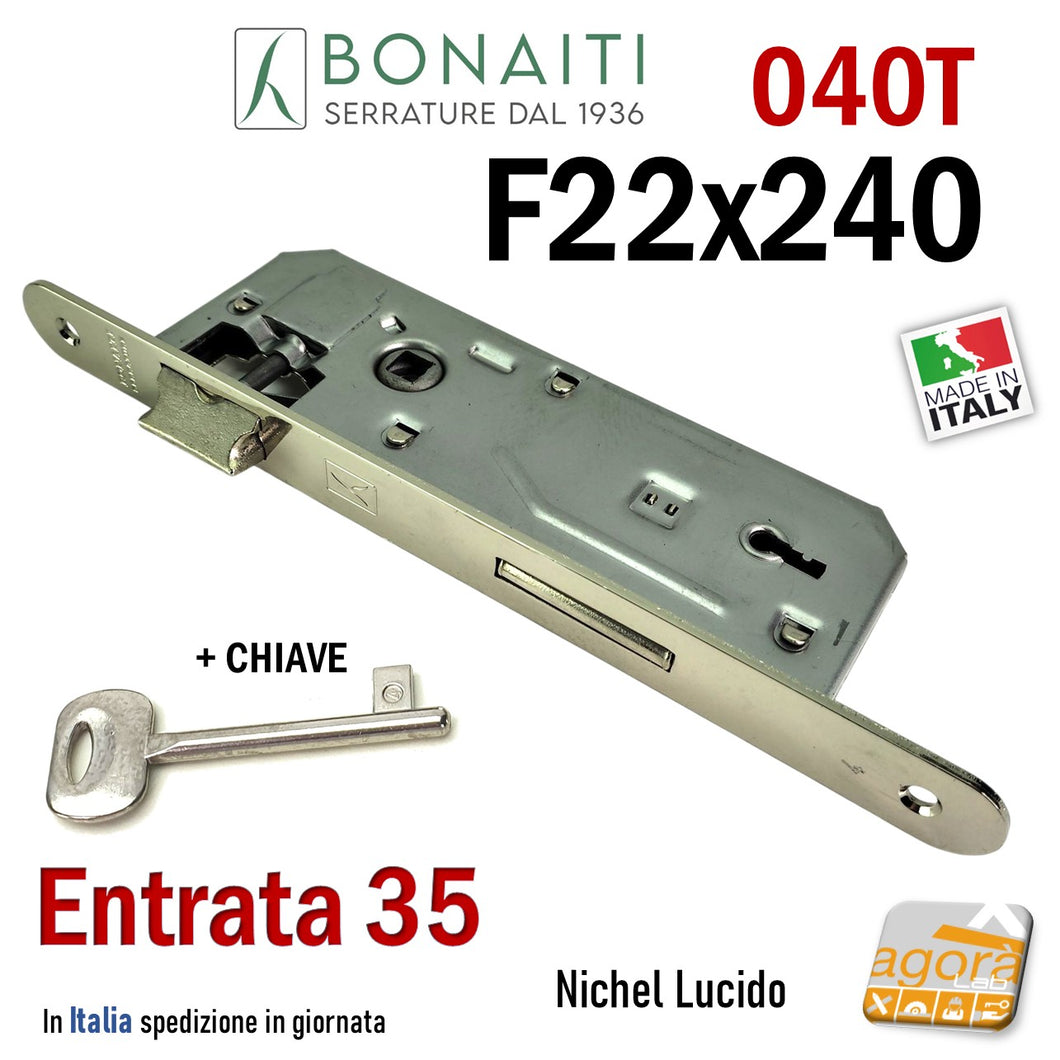 SERRATURA PER PORTA INTERNA PATENT FRONTALE 22x240mm BONAITI 040T E35 I90 NICHEL LUCIDO +CHIAVE ENTRATA 35MM F 240 X 22 MM