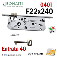 Load image into Gallery viewer, 480400404E serratura porta bonaiti patent grande frontale 22x240 mm 240x22 bordo tondo grigio verniciato e 40mm 4cm chiave interasse 90mm
