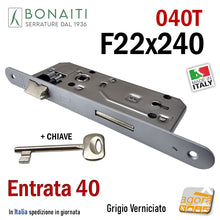 Load image into Gallery viewer, 480400404E serratura porta bonaiti patent grande f 240x22 bordo tondo grigio verniciato e 40mm 4cm chiave interasse 9cm
