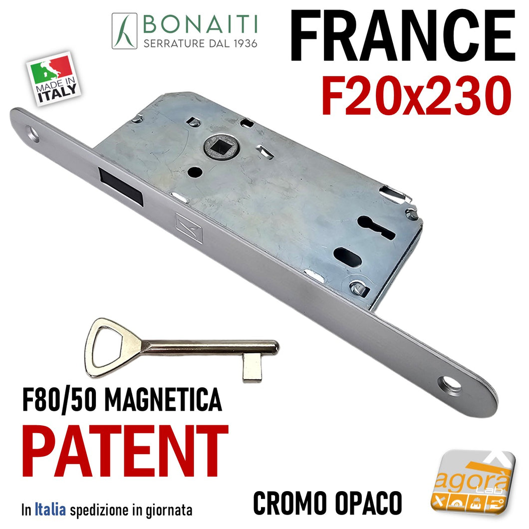 SERRATURA PORTA MAGNETICA BONAITI FRANCE FRONTALE 20X230MM E50 I70 Q7x7 CR.O 47F801509E cromato opaco satinato argento grigio quadro maniglia 7mm entrata 50mm 5cm interasse 70mm 7cm chiave normale