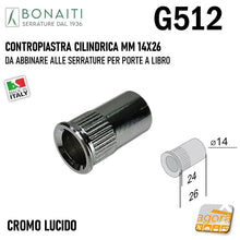 Carica l'immagine nel visualizzatore di Gallery, P3512000C0 GACCIA CONTROPIASTRA CILINDRICA D14 PER SERRATURA PER PORTA A LIBRO BONAITI G512 - POZZETTO Ø14x26 per perni porte a libro pieghevoli per asta P3512000C0 foro 10 foro 11 foro stipite porta 14x24

