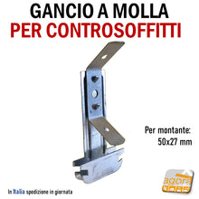 Carica l'immagine nel visualizzatore di Gallery, GANCIO CON MOLLA PER PROFILO SOFFITTO CARTONGESSO 50x27 CONTROSOFFITTO SOSPENSIONE PENDINO D4
