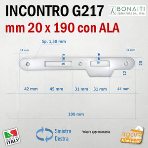 Riscontro Gaccia Bonaiti 190x20 G217 con ALA cromo opaco x Serrature 2001 Meccaniche Contropiastra 4G21700095 door latch