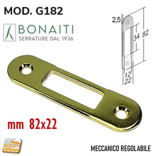 Carica l'immagine nel visualizzatore di Gallery, contropiastra per serratura porta meccanica scrocco centrale mm 82x22 Bonaiti G182 22x82 bordo tondo scasso 34x12mm incontro riscontro Gaccia controcartella serrature porte ottone lucido
