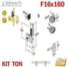 Carica l'immagine nel visualizzatore di Gallery, 4TH2105017 serratura porta scorrevole Bonaiti kit Easy G500 TON ottone lucido frontale 160x16 tirante maniglia pomolo tonda scrigno
