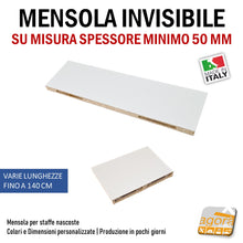 Carica l&#39;immagine nel visualizzatore di Gallery,  mensola bianca invisibile  bordata mdfripiano casa ufficio arredamento design muro adatta per staffe regolabile su misura 140 cm
