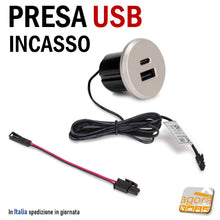 Load image into Gallery viewer, Connettore presa USB A USB C Bipresa Usb Doppia da incasso foro tondo D 25 mm argento ricarica da piano scrivania mobile mobili
