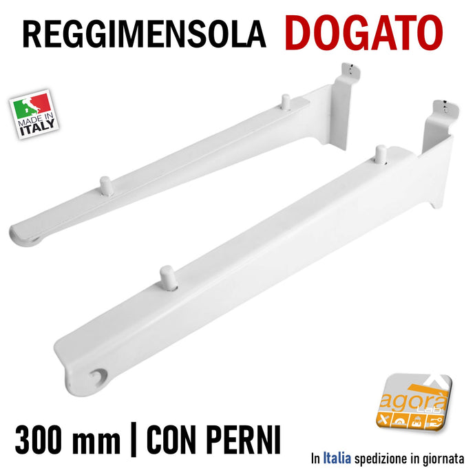 REGGIPIANO ATTACCO DOGATO REGGIMENSOLA MENSOLA NEGOZIO A DOGA 300MM COPPIA REGGIRIPIANI MENSOLE LEGNO PANNELLO ARREDO NEGOZI CON PERNI PER RIPIANO FORATO D8MM BIANCO L 30 CM 32CM ARREDO PARETE DOGATA SLATWALL