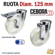 Carica l'immagine nel visualizzatore di Gallery, Ruota per carrelli ruote carrello poliammide bianca perno foro passante d 12 mm D125mm alta portata alta qualità made in Italy CEBORA NV8 NVO cuscinetti a sfera
