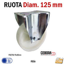 Carica l'immagine nel visualizzatore di Gallery, Ruota per carrelli ruote carrello poliammide bianca con piastra 95x80mm 80x95 interasse fori fissaggio 80x60mm 60x80 D125mm alta portata alta qualità made in Italy CEBORA NV8 cuscinetti a sfera 
