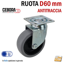 Carica l'immagine nel visualizzatore di Gallery, ruota carrelli carrello ruote d60mm 6cm Ø63mm grigia leggera con piastra girevole 47x47m zincata antimacchia antitraccia cebora forcella nucleo nero 9002091
