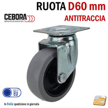 Carica l'immagine nel visualizzatore di Gallery, ruota carrelli carrello ruote D60mm 6cm Ø63mm grigia leggera con piastra girevole 47x47m zincata antimacchia antitraccia cebora forcella nucleo nero 9002091 rotelle rotella da avvitare
