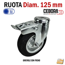 Carica l'immagine nel visualizzatore di Gallery, ruote professionali industriali per carrelli in acciaio zincato gomma nera cuscinetto cuscinetti freno totale con perno foro passante foro d 12 mm CEBORA Carrello frenata 9431541
