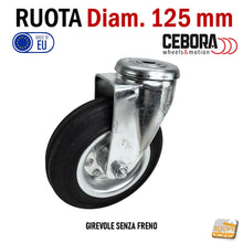 Carica l'immagine nel visualizzatore di Gallery, ruote professionali industriali per carrelli in acciaio zincato gomma nera cuscinetto cuscinetti con perno foro passante foro d 12 mm CEBORA Carrello senza freno 9431525
