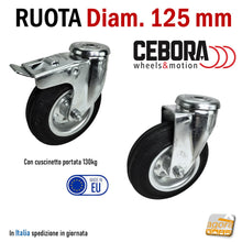 Carica l'immagine nel visualizzatore di Gallery, ruote professionali industriali per carrelli in acciaio zincato gomma nera cuscinetto cuscinetti freno totale con perno foro passante foro d 12 mm CEBORA Carrello
