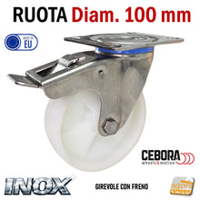 Carica l'immagine nel visualizzatore di Gallery, ruote per carrelli in acciaio inox piastra mm 95x80 fori 80x60 interasse alta portata poliammide bianca con freno totale CEBORA Velox NV8/4 Diametro 100mm cuscinetti cuscinetto alta qualità 9908958
