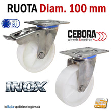 Carica l'immagine nel visualizzatore di Gallery, ruote per carrelli in acciaio inox piastra mm 95x80 fori 80x60 interasse alta portata poliammide bianca con freno totale senza freno fissa CEBORA Velox NV8/4 Diametro 100mm cuscinetti cuscinetto alta qualità
