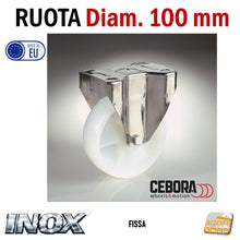 Carica l'immagine nel visualizzatore di Gallery, ruota inox con piastra 95x80mm fissa bianca alta portata D 100mm 10cm CEBORA

