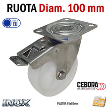 Carica l'immagine nel visualizzatore di Gallery, ruote per carrelli girevole in acciaio inox piastra mm 95x80 fori 80x60 interasse alta portata poliammide bianca senza freno non frenata CEBORA Velox NV8/4 Diametro 100mm cuscinetti cuscinetto alta qualità Ruota girevole con piastra inossidabile made in EU
