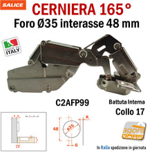 Carica l'immagine nel visualizzatore di Gallery, cerniera a molla per apertura ante a 180° per mobili cucina e armadi foro diametro 35 mm per 12mm profondità salice 165° battuta interna collo 17 C2AFP99 forti spessori
