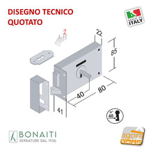 Carica l&#39;immagine nel visualizzatore di Gallery, SERRATURA VERTICALE PORTONCINO CON SCROCCO E CATENACCIO BONAITI ART.175 SX DX mm.80 E40 BRONZATA DA APPLICARE PORTE ANTICHE 4L1750800D 4L1750800S
