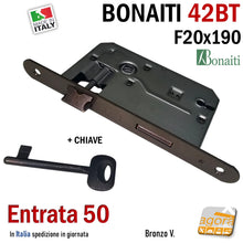 Carica l'immagine nel visualizzatore di Gallery, SERRATURA PORTA FRONTALE 20x190mm TONDO E50 I70 BONAITI 42T BRONZO PATENT PICCOLA CON CHIAVE  48042050BVE

