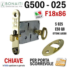 Load image into Gallery viewer, SERRATURA PORTA SCORREVOLE FRONTALE 18x86mm BONAITI 025 G500 CHIAVE SPILLO E50 GANCIO PORTE SCRIGNO OTTONE LUCIDO
