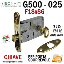 Load image into Gallery viewer, SERRATURA PORTA SCORREVOLE FRONTALE 86 x 18 mm BONAITI 025 G500 CHIAVE SPILLO E50 GANCIO PORTE SCRIGNO OTTONE
