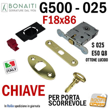 Load image into Gallery viewer, SERRATURA PORTA SCORREVOLE FRONTALE 18x86mm BONAITI 025 G500 CHIAVE SPILLO Entrata 50mm GANCIO PORTE SCRIGNO OTTONE
